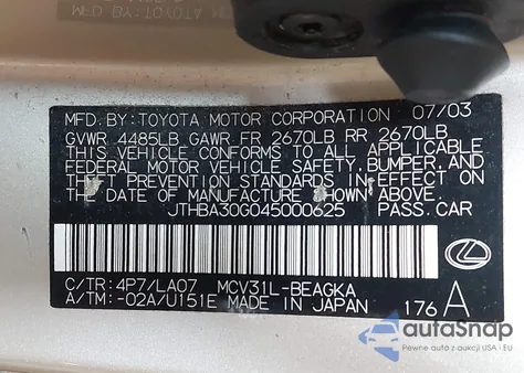 2004 Lexus Es 330 from USA, damaged, VIN JTHBA30G045000625